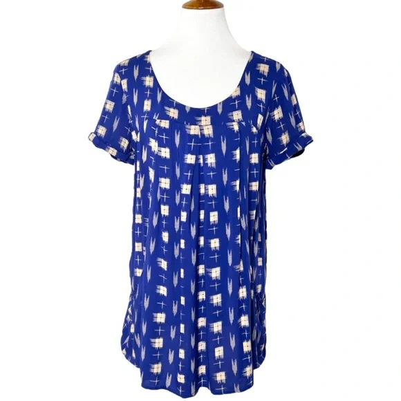 Anthropologie Cobalt Blue Check Print Short Sleeve Pocket Babydoll Top - Picture 2 of 10